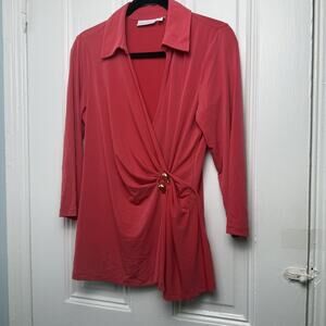 Susan Graver Coral Liquid Knit Wrap Top 3/4 Sleeve Collared Stretch Womens Small